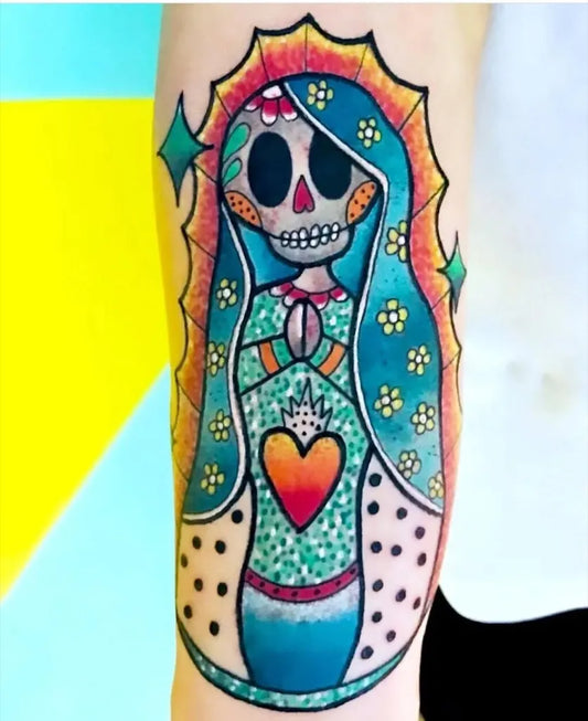 Big Traditional Santa Muerte Tattoo on Women Arm by @santamuertetattoos