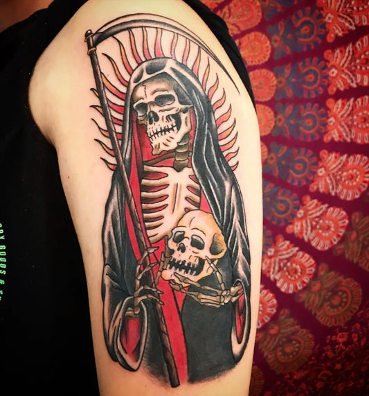 Big Traditional Santa Muerte with Scythe and Skull Tattoo on Men Arm by @zentattoopiercing