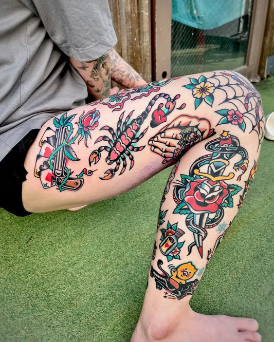 Big Traditional Scorpion Rose Web Tattoo on Men Leg by @redliptattoo
