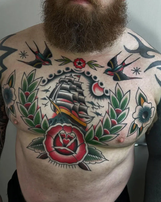 Big Traditional Ship and swallows on Men Chest Tattoo by @magnumtattoosupplies
