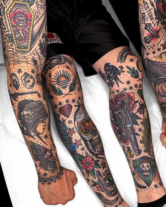 Big Traditional Skull Rose Gun Tattoo on Men Leg by @oldschooltattz