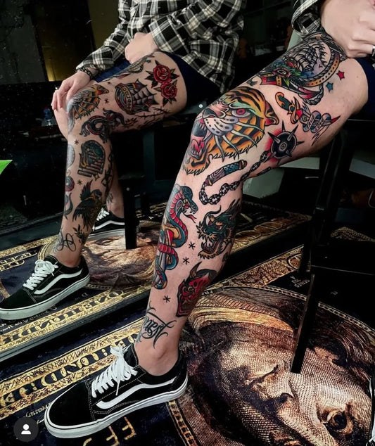 Big Traditional Skull Tiger Snake Tattoo on Men Legs by @traditionaltattooink