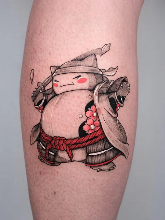 Big Traditional Snorlax Samurai Tattoo on Women Thigh by @usantos
