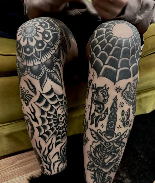 Big Traditional Spider Mandala Skull Tattoo on Men Knee by @traditionaltattooink