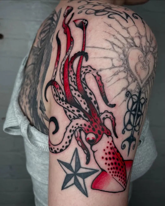 Big Traditional SquidTattoo on Men Shoulder by @stucknstoked