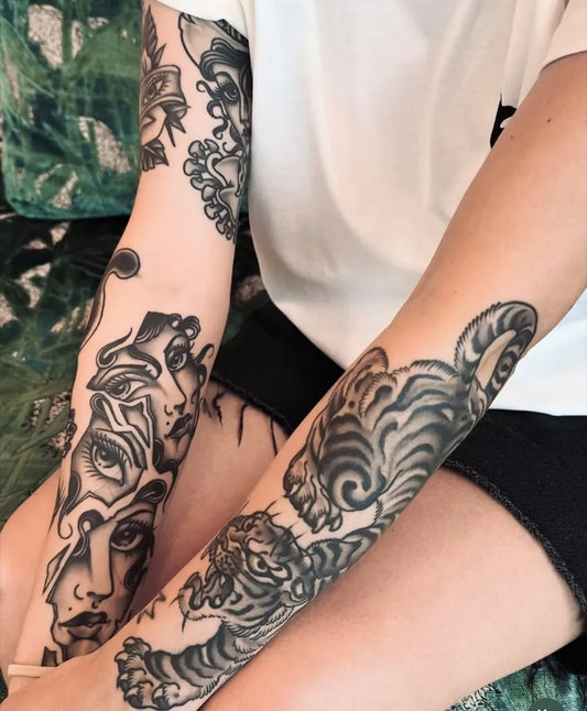 Big Traditional Tiger Face Portrait Tattoo on Women Arm by @traditionaltattooink