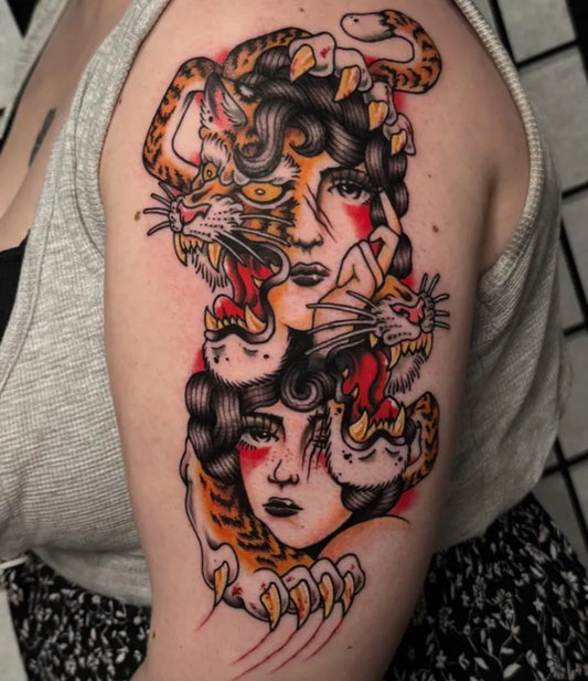 Big Traditional Tiger Woman Face Tattoo on Women Arm by @aidbus_tattoos