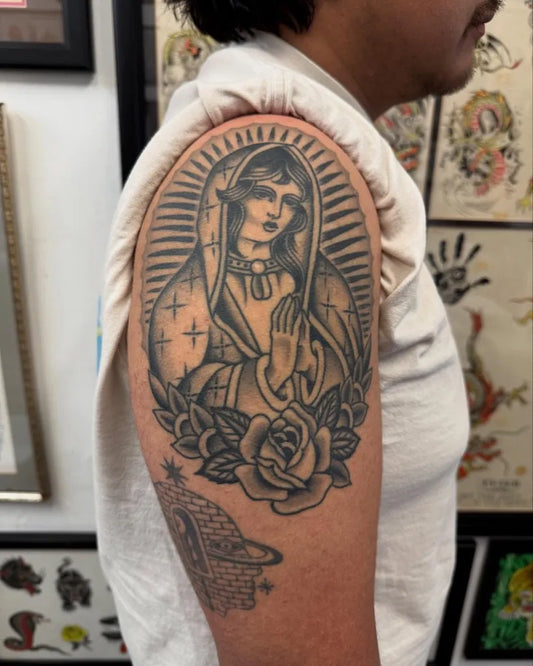 Big Traditional Virgin Mary and Rose on Men Arm Religious Tattoo by @strangersgrave
