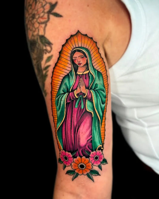Big Traditional Virgin Mary with Flowers Tattoo on Women Arm by @inkyshan