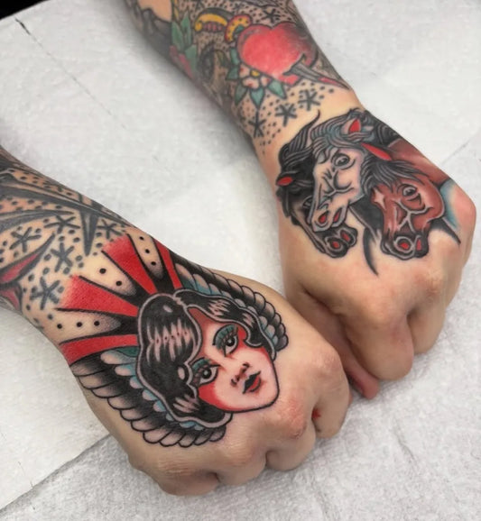 Big Traditional Woman Head and Horses on Men Hands Tattoo by @memorialtattooatl