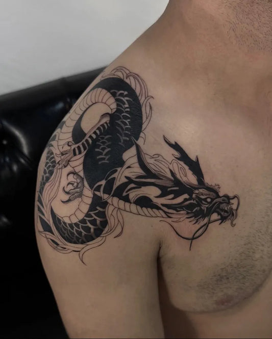 Big Traditional Yin Yang Dragon on Men Shoulder Tattoo by @_brunoink