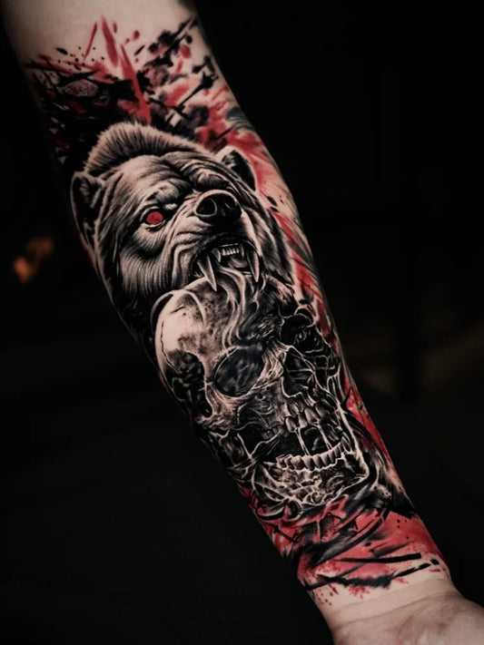 Big Trash Polka Bear Skull on Men Arm Tattoo by @tattooheroes