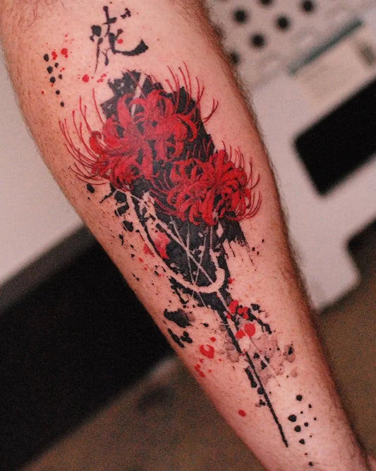 Big Trash Polka Spider Lily red Black Ink Tattoo on Men Arm by @inked.lug