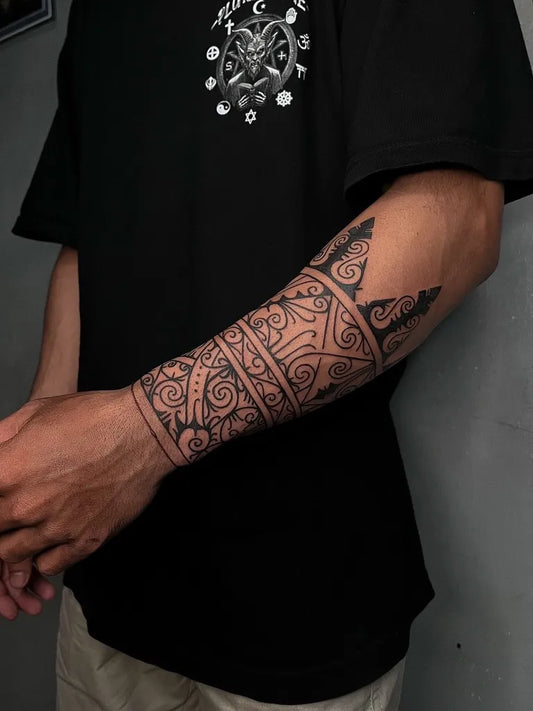 Big Tribal Arm Bands Geometric Patterns Temple Motifs on Men Forearm Tattoo by @rajahkulit.ttt