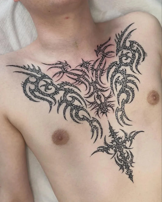 Big Tribal Dragons on Men Chest Tattoo by @_mosiejczuk_