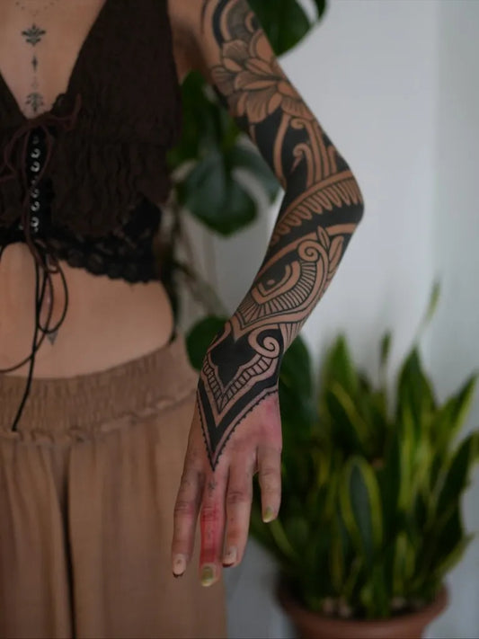 Big Tribal Floral Mandala on Women Arm Tattoo by @openyoureye.tattoo