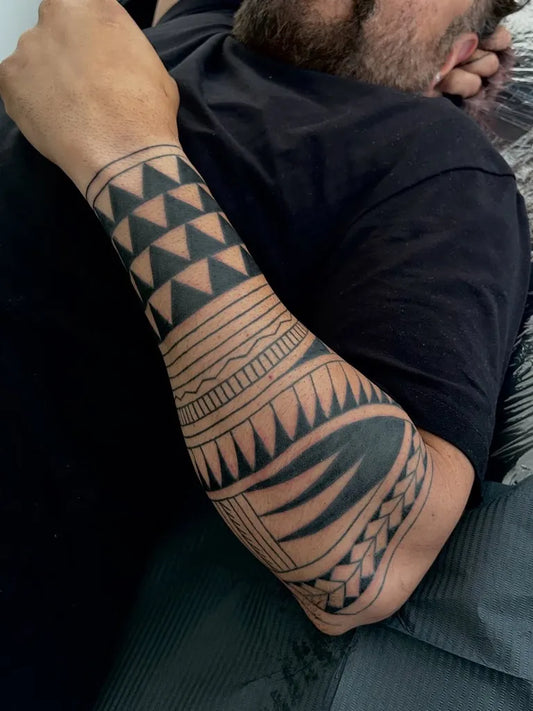Big Tribal Geometric Bands and Shark on Men Arm Tattoo by @tribaltattooer