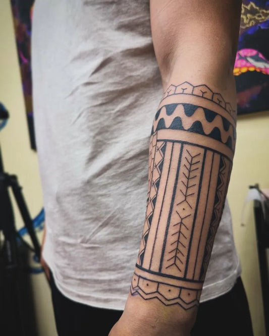 Big Tribal Geometric Bands and Zigzags on Men Arm Tattoo by @kraken_inktattoo