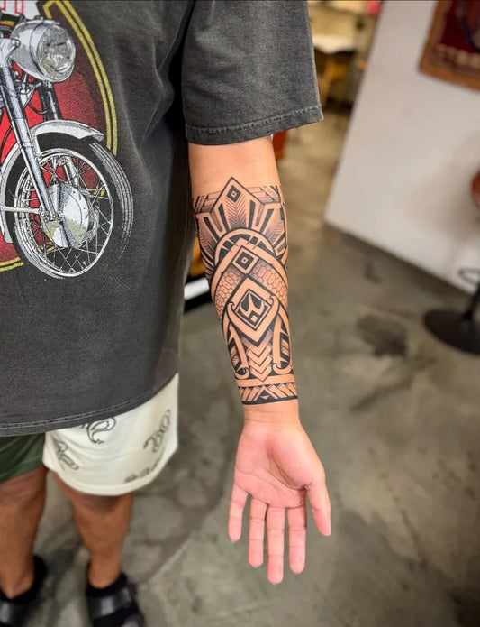 Big Tribal Geometric Bands on Men Arm Tattoo by @kiwi.burt