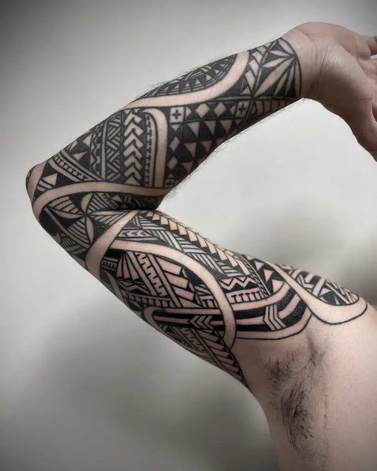 Big Tribal Geometric Patterns Waves Triangles on Men Arm Tattoo by @fungusart