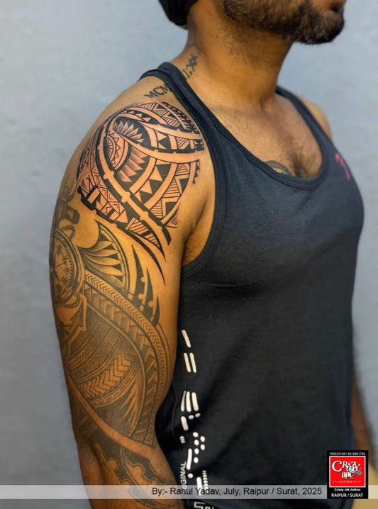 Big Tribal Geometric Patterns and Sun on Men Arm Tattoo by @crazy_ink_tattoo_raipur