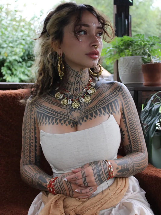 Big Tribal Geometric Patterns and Tribal Bands on Women Neck and Arms Tattoo by @rohduhay