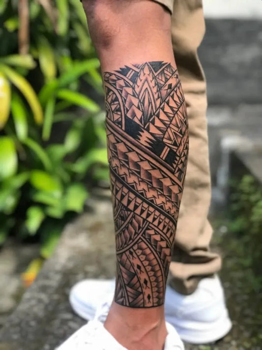 Big Tribal Geometric Patterns on Men Leg Tattoo by @nancy.tattoo