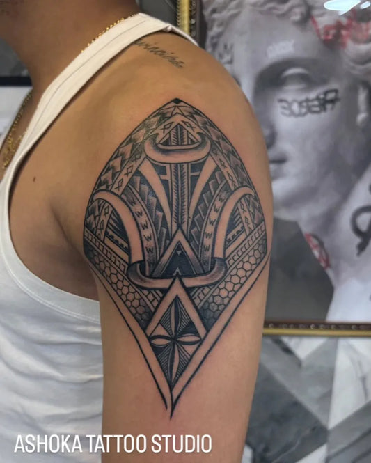 Big Tribal Geometric Patterns on Men Shoulder Tattoo by @ashokatattoomumbai