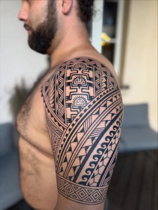 Big Tribal Geometric Patterns on Men Shoulder Tattoo by @jorgeteran