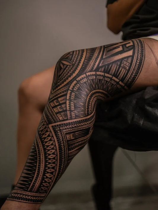 Big Tribal Geometric Patterns on Women Leg Tattoo by @akb_future
