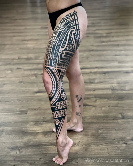 Big Tribal Geometric Patterns on Women Thigh Tattoo by @niccolocasatitattoo