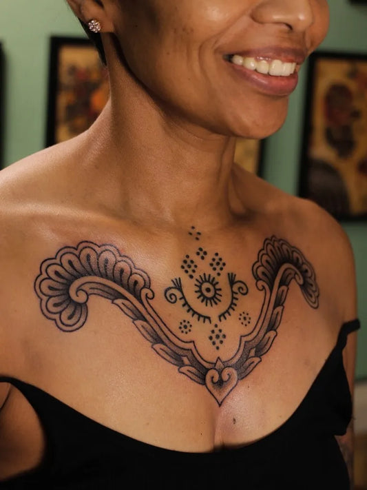 Big Tribal Mandala and Floral Motifs on Women Chest Tattoo by @sarkanice