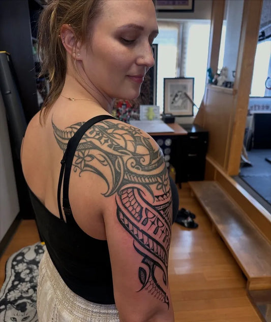 Big Tribal Maori sleeve pattern on Women Shoulder Tattoo by @sefkavafornia