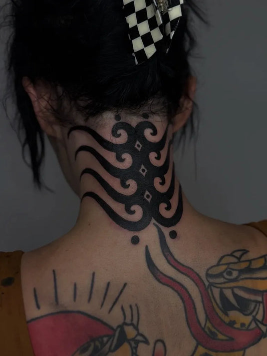 Big Tribal Neck and Dragon on Women Neck Tattoo by @wastedyouth.tattooer