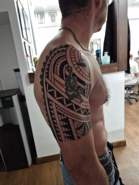 Big Tribal Polynesian Patterns Shark Waves on Men Shoulder Tattoo by @devo_tattoos