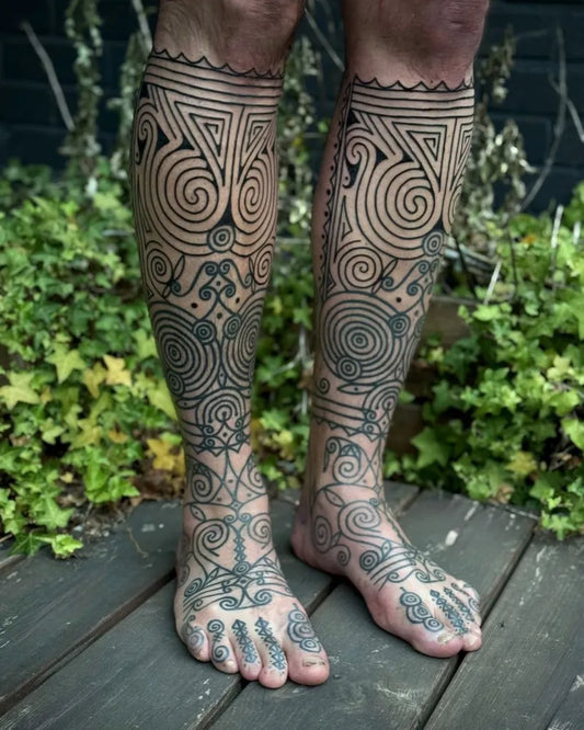 Big Tribal Spirals and Geometric Patterns on Men Legs Tattoo by @fakeskintattoo