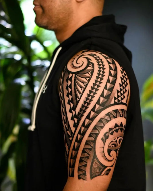 Big Tribal SpiralsTrianglesShading on Men Arm Tattoo by @kyodaicompany