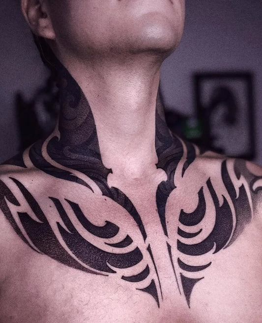 Big Tribal Swirling Flames on Men Neck Tattoo by @bhorn.tattoo
