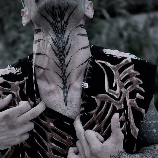 Big Tribal Tiger stripes on Men Neck Tattoo by @dotfather_