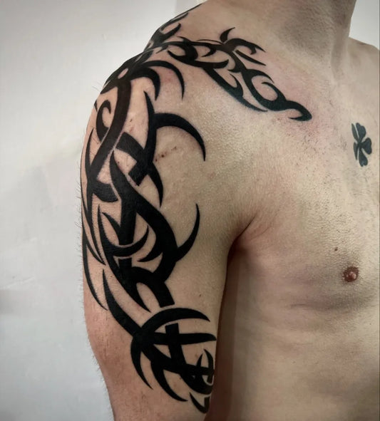 Big Tribal Tribal Dragon on Men Shoulder Tattoo by @electric_thumbs