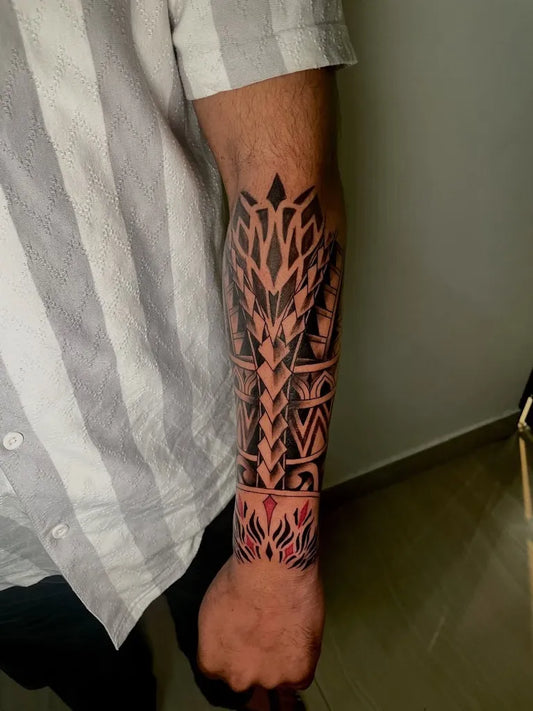 Big Tribal Tribal Patterns and Flowers on Men Arm Tattoo by @anmol_tattoo_ptk
