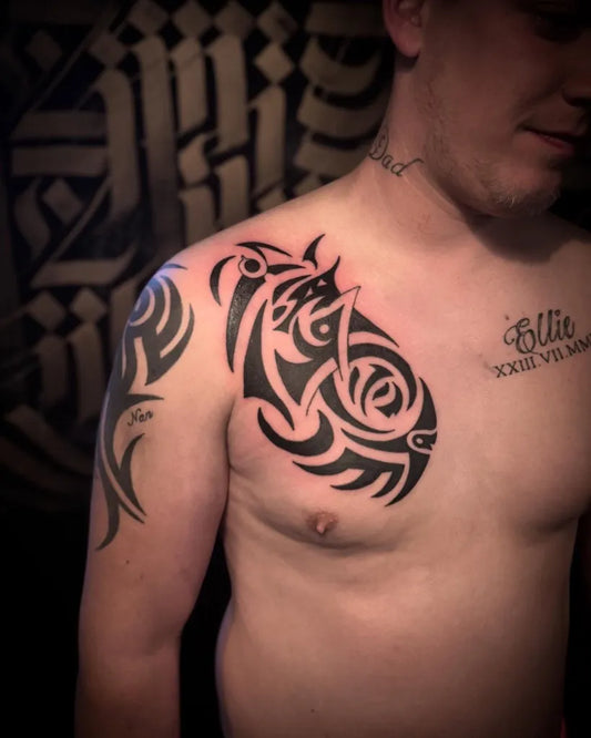 Big Tribal Tribal patterns and text on Men Chest Tattoo by @k8__ink