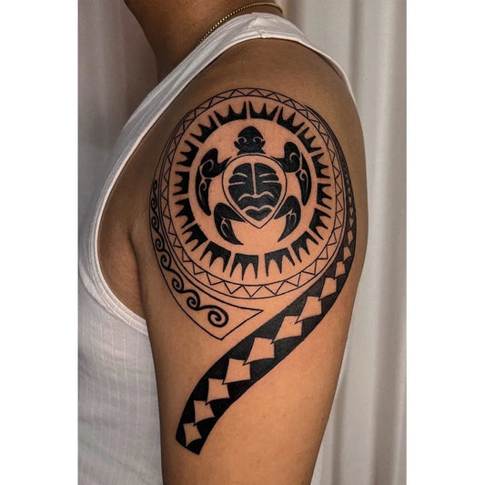 Big Tribal Turtle on Men Shoulder Tattoo by @kali.achumi