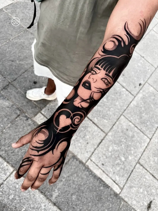Big Tribal Woman with floral swirls on Women Arm Tattoo by @santiagosama_