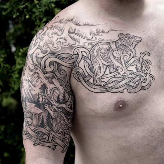 Big Viking Bear Mountains Forest on Men Arm Tattoo by @ancientwildstudios
