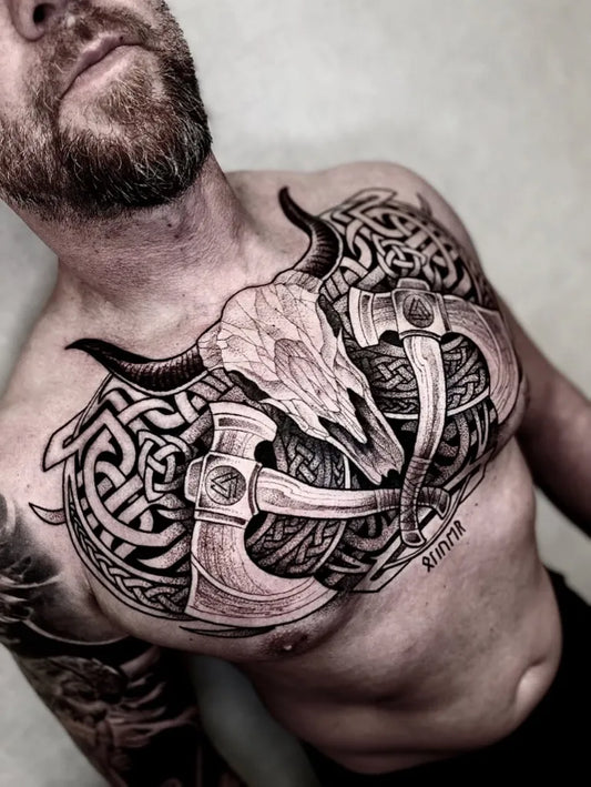 Big Viking Bull Skull and Axes on Men Chest Tattoo by @dntattoo
