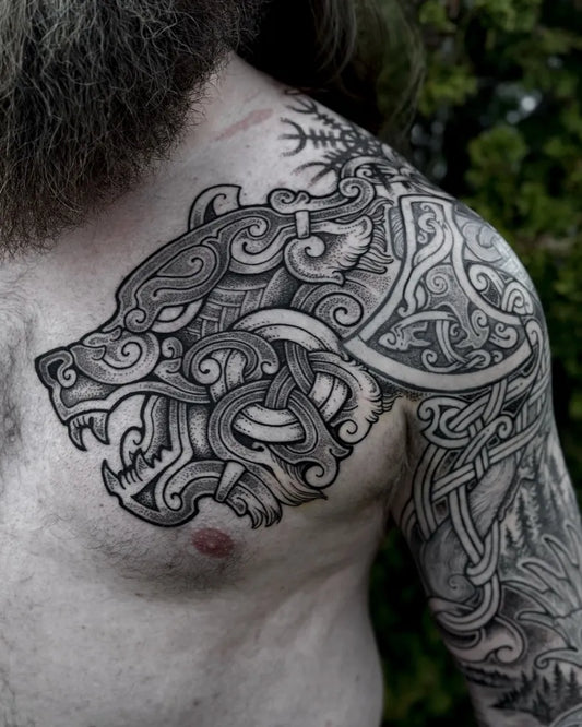 Big Viking Fenrir Wolf and Runes on Men Shoulder Tattoo by @valhallvaror
