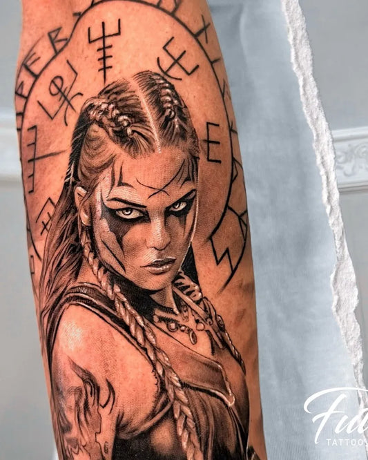 Big Viking Fierce Woman with Runes and Sun Wheel on Women Arm Tattoo by @future_tattoo_