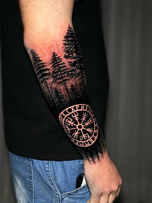 Big Viking Forest Vegvisir on Men Arm Tattoo by @andy.art.ink