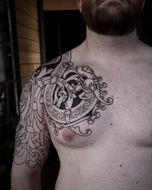 Big Viking Interlaced Dragons and Knots on Men Shoulder Tattoo by @kintyreink